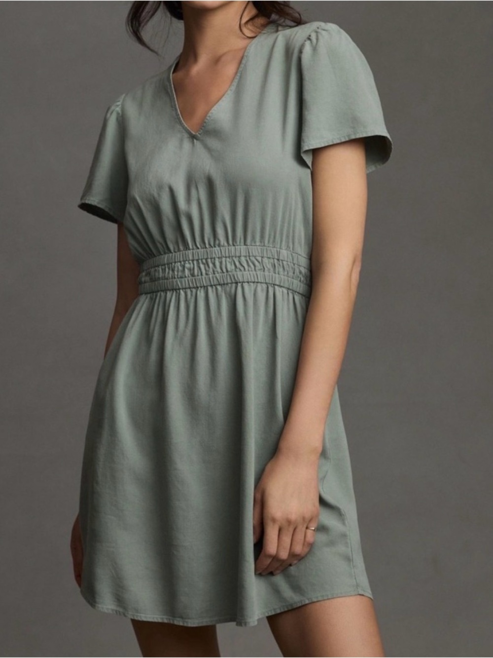 Anthropologie cloth & stone Sage Flutter Sleeve V-Neck Mini Dress in Moss